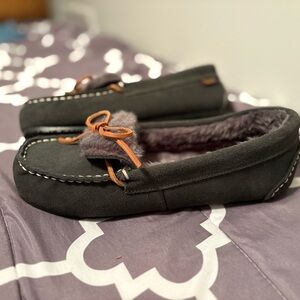 Black Suede Moccasin Slippers with Fur Lining